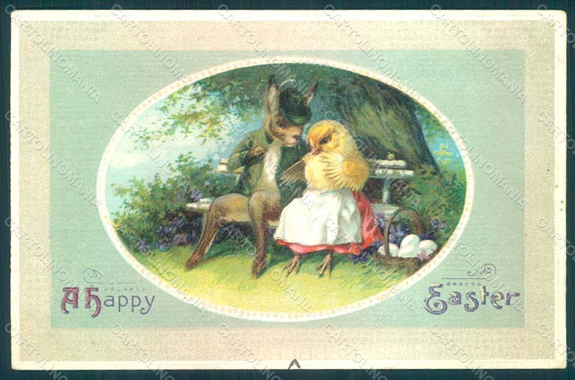 Greetings Easter Anthropomorphic Dressed Hare Chick Egg Violets Relief pc HR0239 – fronte