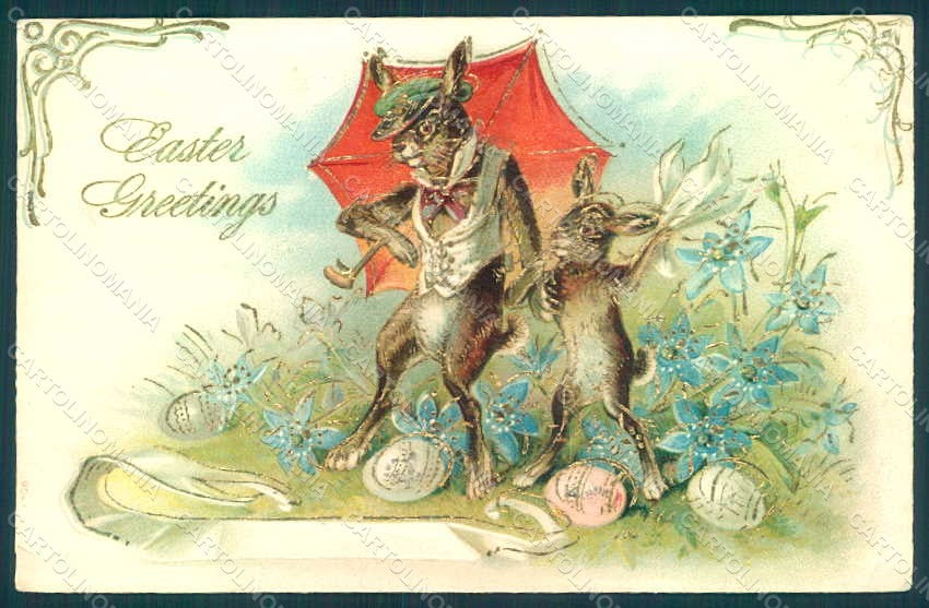 Greetings Easter Anthropomorphic Dressed Hare Egg CORNER CREASE Relief pc HR0240 – fronte