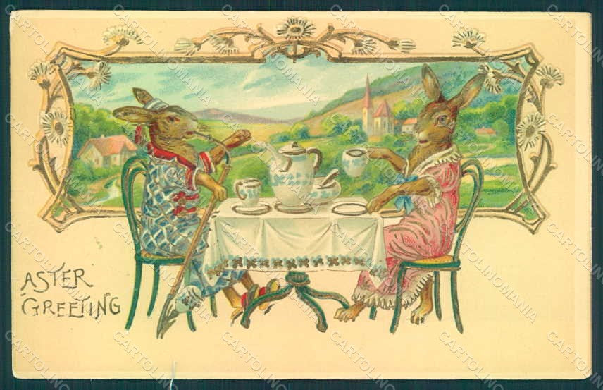 Greetings Easter Dressed Hare Landscape Tea Smoke Relief pc HR0241 – fronte