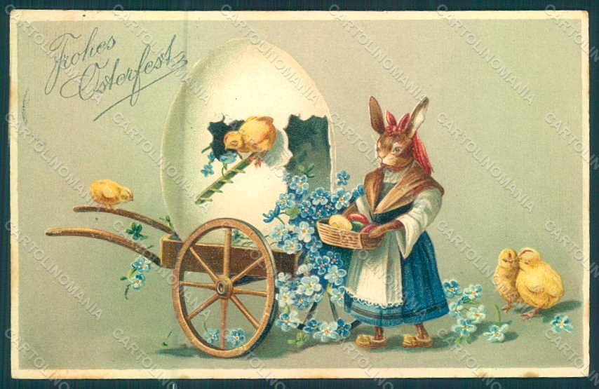 Greetings Easter Anthropomorphic Dressed Hare Chick Egg Relief pc HR0242 – fronte
