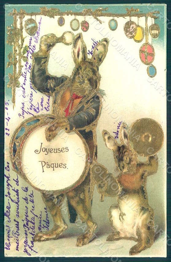 Greetings Easter Anthropomorphic Dressed Hare Egg Drum Cymbals Relief pc HR0246 – fronte
