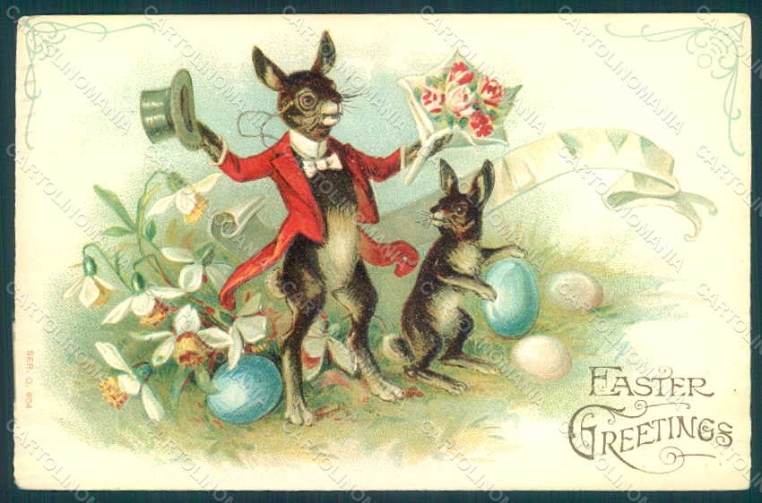 Greetings Easter Anthropomorphic Dressed Hare Egg serie 904 Relief pc HR0250 – fronte