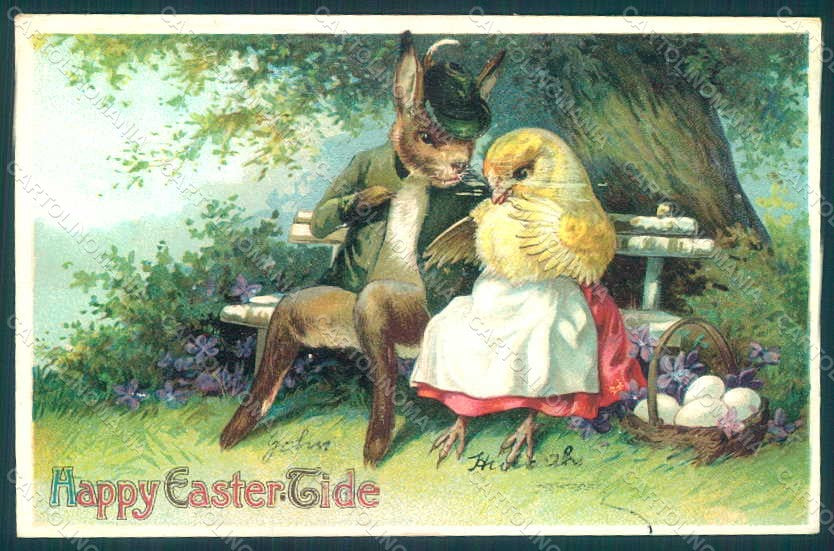 Greetings Easter Anthropomorphic Dressed Hare Chick Egg ABRADED Relief pc HR0254 – fronte