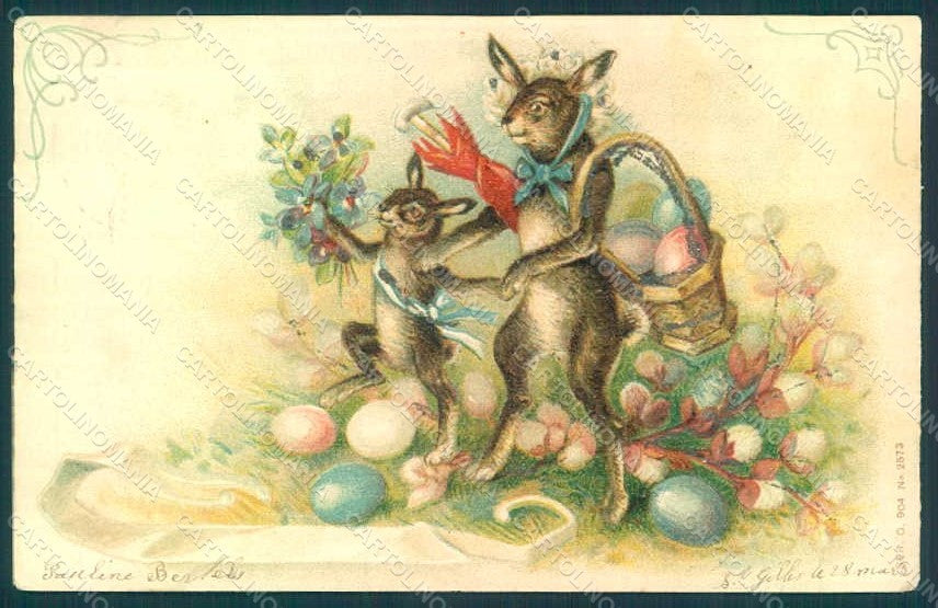 Greetings Easter Anthropomorphic Dressed Hare Egg s. 904-2573 Relief pc HR0256 – fronte