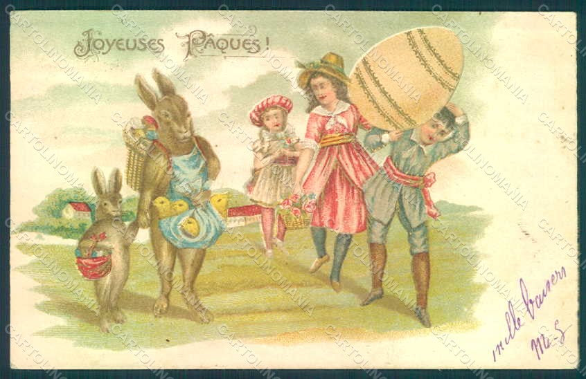 Greetings Easter Anthropomorphic Hare Children CORNER CREASED Relief pc HR0257 – fronte