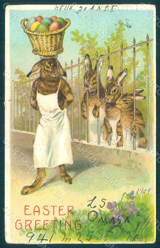 Greetings Easter Anthropomorphic Dressed Hare Violets WRINKLES Relief pc HR0258 – fronte