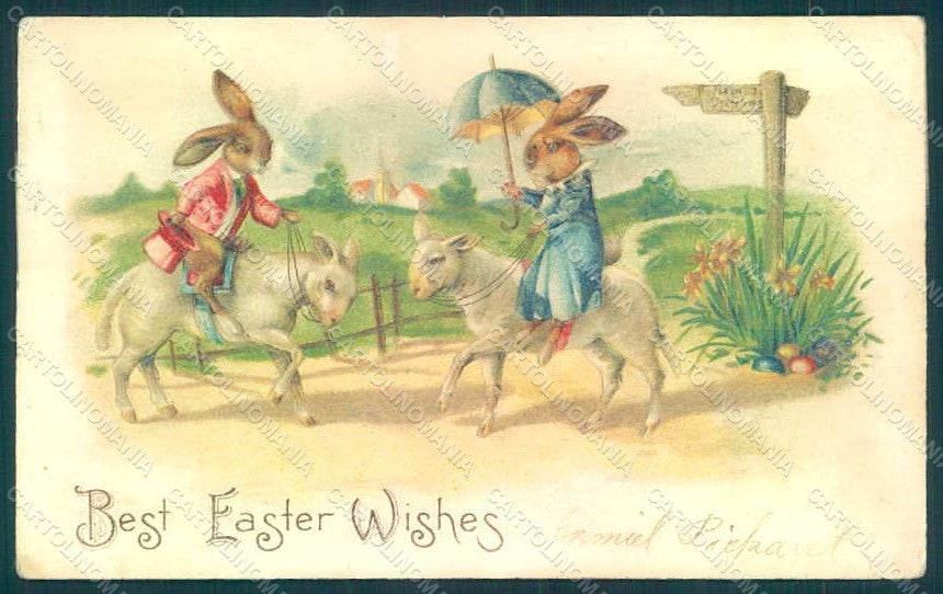Greetings Easter Anthropomorphic Dressed Hare Lamb WRINKLE Relief pc HR0259 – fronte