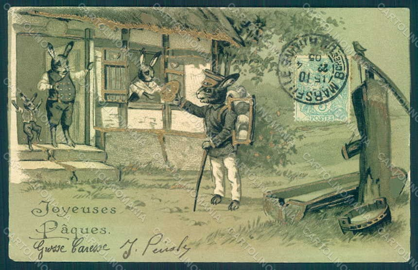 Greetings Easter Anthropomorphic Dressed Hare Egg Relief postcard HR0262 – fronte