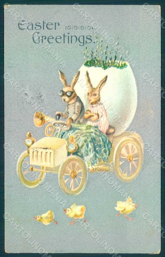 Greetings Easter Anthropomorphic Dressed Hare Chick Egg Car Relief pc HR0263 – fronte