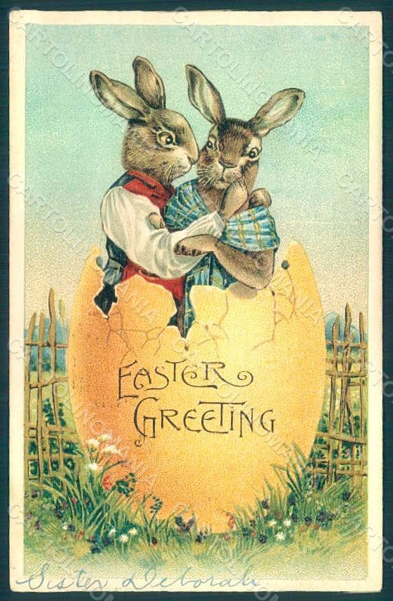 Greetings Easter Anthropomorphic Dressed Hare Egg s. 196 Relief postcard HR0264 – fronte