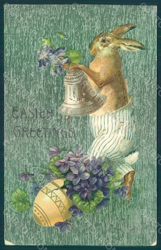 Greetings Easter Anthropomorphic Dressed Hare Violets Bell Egg Relief pc HR0265 – fronte