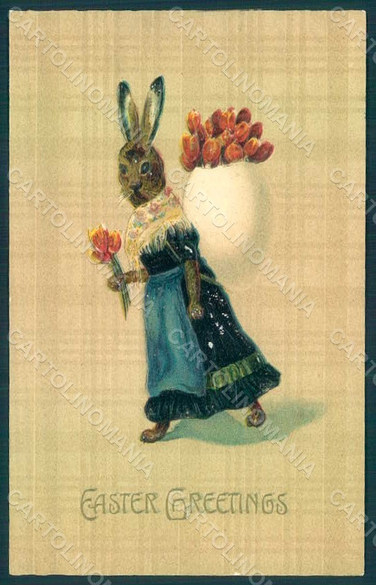 Greetings Easter Anthropomorphic Dressed Hare Tulip Egg ABRADED Relief pc HR0266 – fronte