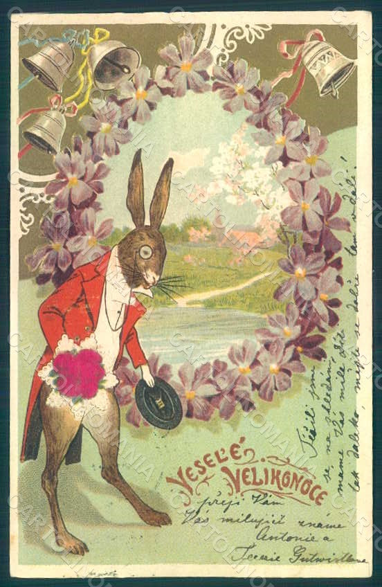 Greetings Easter Anthropomorphic Dressed Hare Silk Violets Bell Relief pc HR0270 – fronte