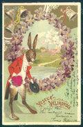 Greetings Easter Anthropomorphic Dressed Hare Silk Violets Bell Relief pc HR0270 – fronte