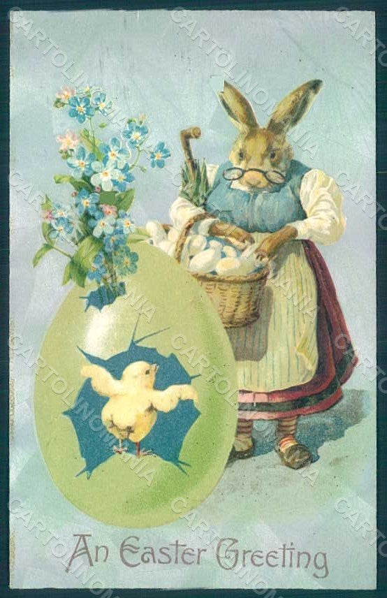 Greetings Easter Anthropomorphic Dressed Hare Chick Myosotis Relief pc HR0275 – fronte