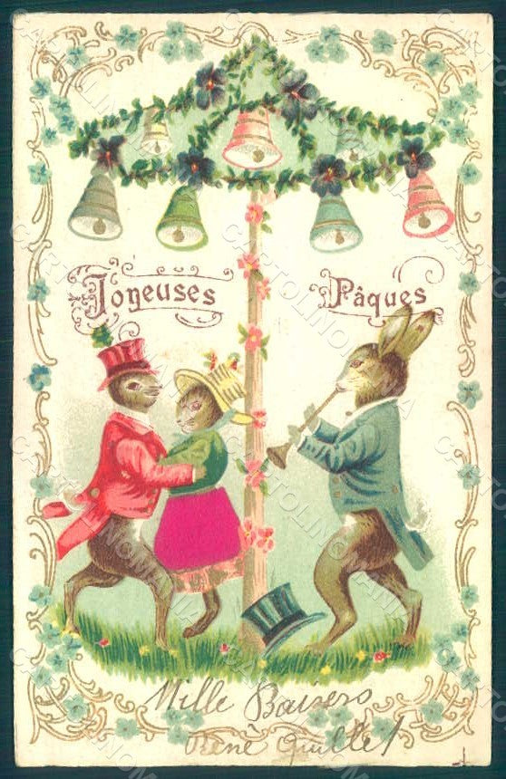 Greetings Easter Anthropomorphic Dressed Hare Silk Bell Violets Relief pc HR0276 – fronte