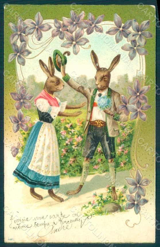 Greetings Easter Anthropomorphic Dressed Hare Violets UNGLUED Relief pc HR0277 – fronte