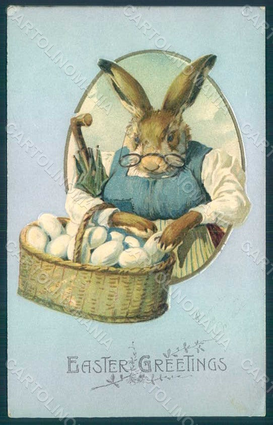 Greetings Easter Anthropomorphic Dressed Hare Egg Relief postcard HR0278 – fronte