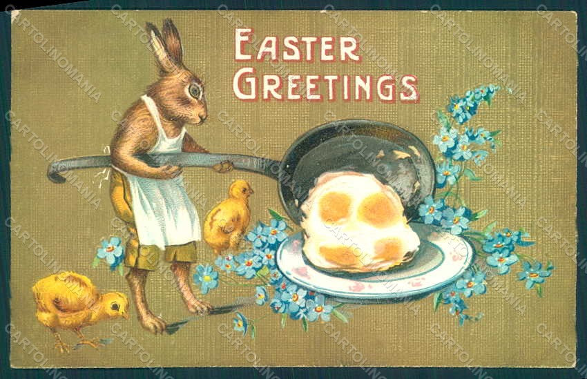 Greetings Easter Anthropomorphic Dressed Hare Chick Egg Relief postcard HR0279 – fronte