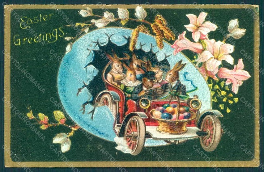Greetings Easter Anthropomorphic Dressed Hare Egg Car Relief pc HR0284 – fronte
