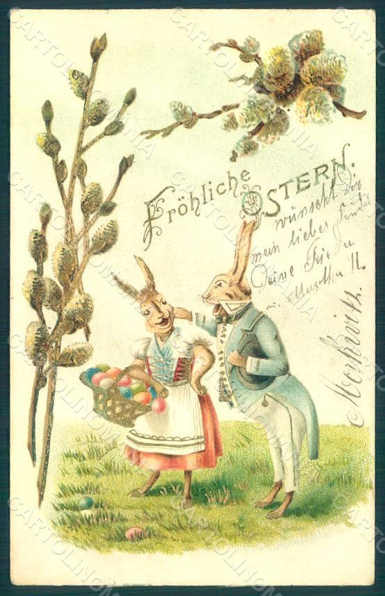 Greetings Easter Anthropomorphic Dressed Hare Egg WRINKLES Relief pc HR0286 – fronte