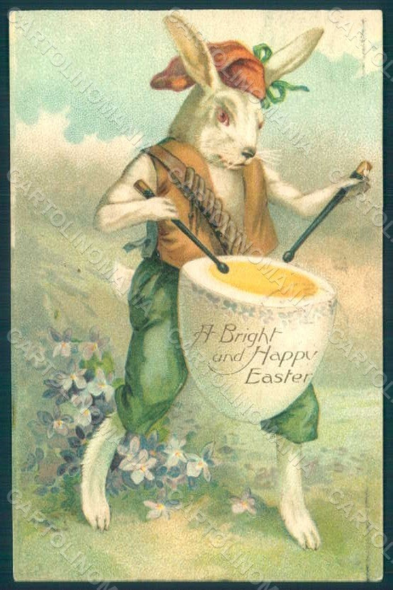 Greetings Easter Anthropomorphic Dressed Hare Egg TEARED postcard HR0291 – fronte