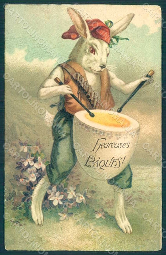 Greetings Easter Anthropomorphic Dressed Hare Egg Violets postcard HR0292 – fronte