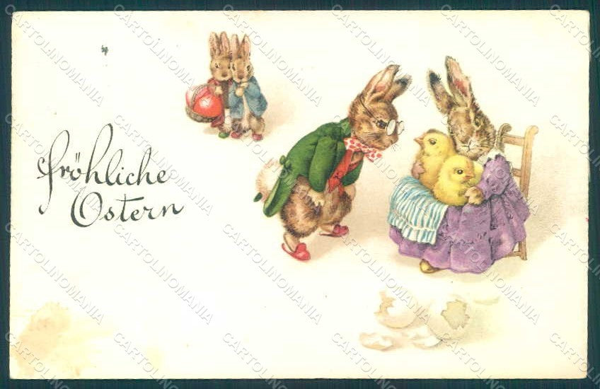 Greetings Easter Anthropomorphic Dressed Hare Chick Egg postcard HR0295 – fronte