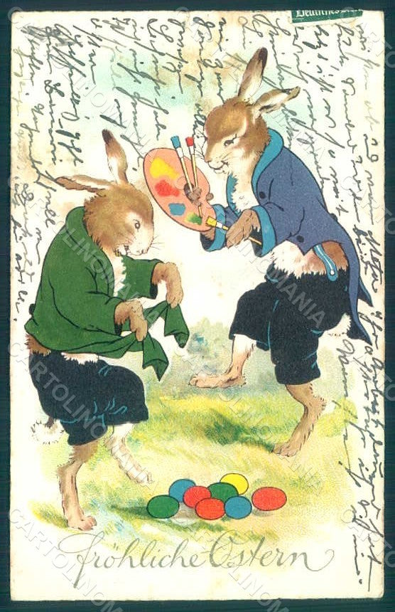 Greetings Easter Anthropomorphic Dressed Hare Egg Dance TEAR postcard HR0301 – fronte