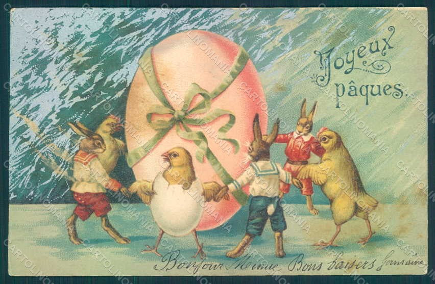 Greetings Easter Anthropomorphic Dressed Hare Chick Egg UNGLUED postcard HR0310 – fronte