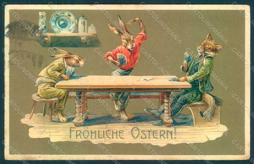 Greetings Easter Anthropomorphic Dressed Hare Fox Playing Cards postcard HR0313 – fronte