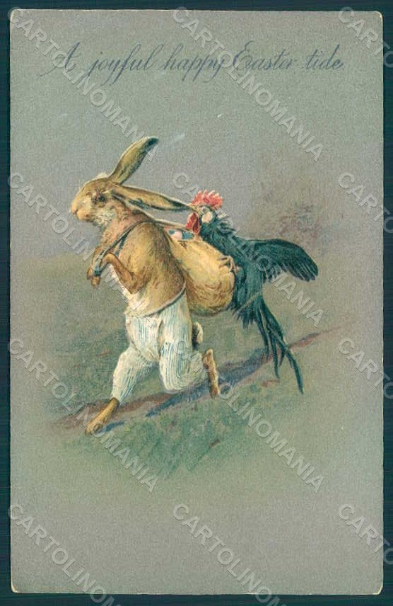 Greetings Easter Anthropomorphic Dressed Hare Rooster Egg postcard HR0314 – fronte