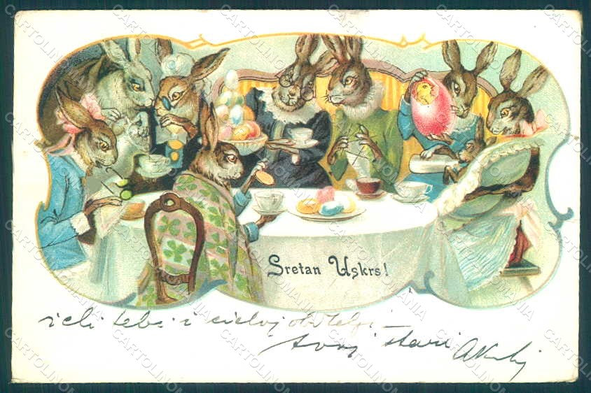 Greetings Easter Anthropomorphic Dressed Hare Chick Egg TEARED postcard HR0315 – fronte