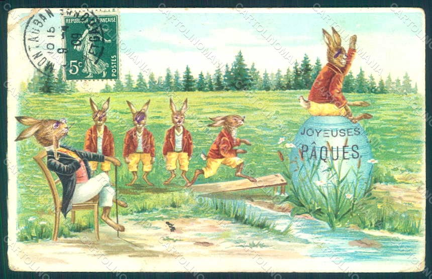 Greetings Easter Anthropomorphic Dressed Hare Egg CREASED postcard HR0318 – fronte