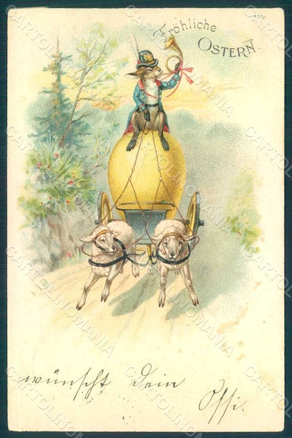 Greetings Easter Anthropomorphic Dressed Hare Lamb Egg s. 970 postcard HR0322 – fronte