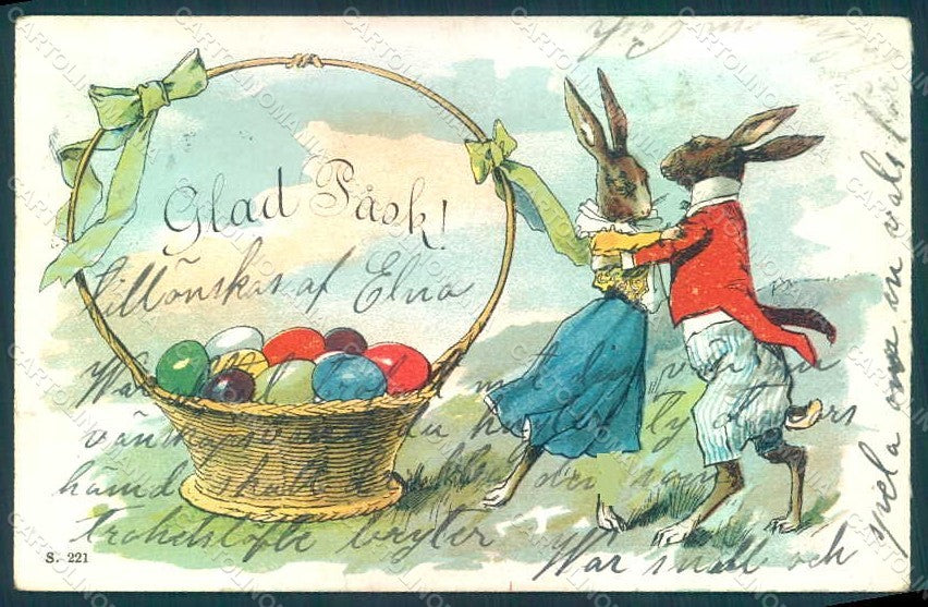 Greetings Easter Anthropomorphic Dressed Hare Egg Dance s. 221 postcard HR0348 – fronte