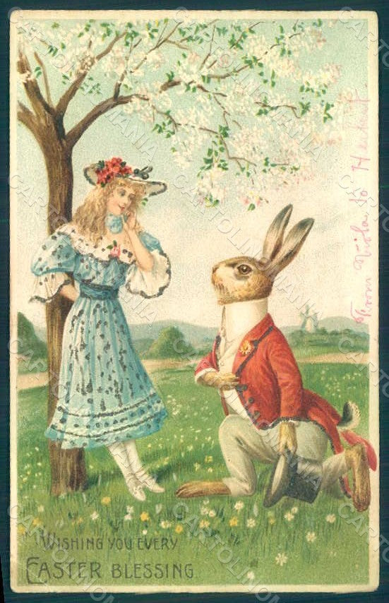 Greetings Easter Anthropomorphic Dressed Hare Girl CORNER CREASED pc HR0354 – fronte