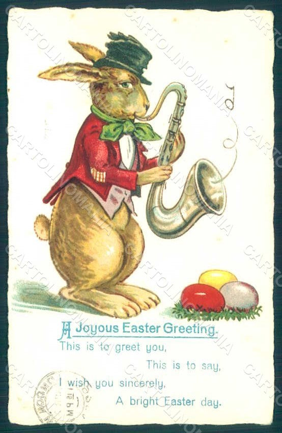 Greetings Easter Anthropomorphic Dressed Hare Saxophone Music Egg pc HR0362 – fronte