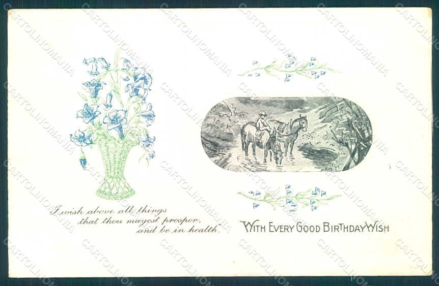 Greetings Birthday Horse Flowers Relief postcard HR0370 – fronte