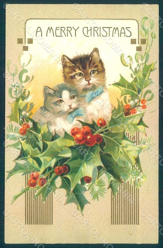 Greetings Christmas Cat Holly Mistletoe serie 9118 Relief postcard HR0381 – fronte