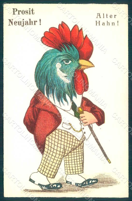 Greetings New Year Anthropomorphic Dressed Rooster postcard HR0404 – fronte