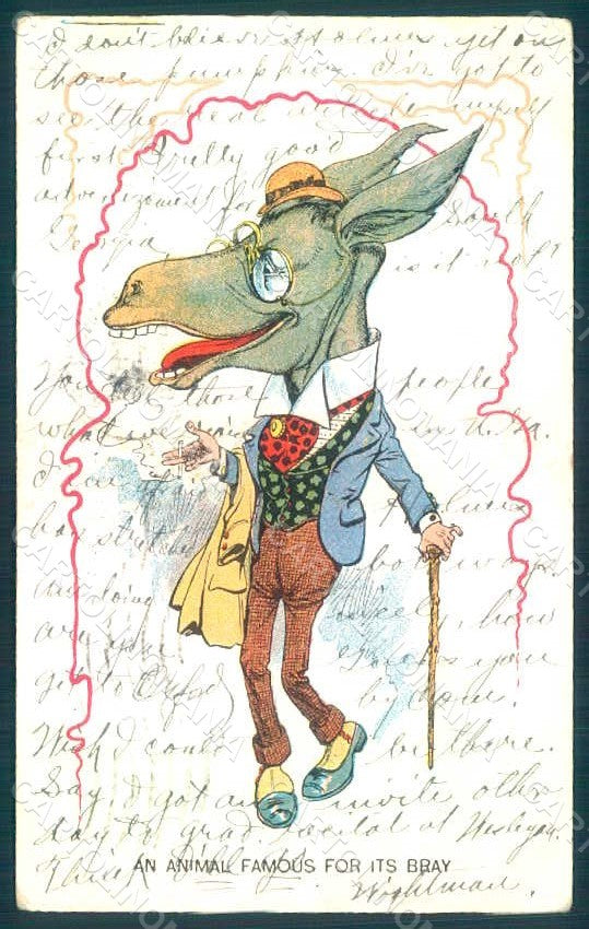 Animals Anthropomorphic Dressed Donkey CREASED postcard HR0405 – fronte