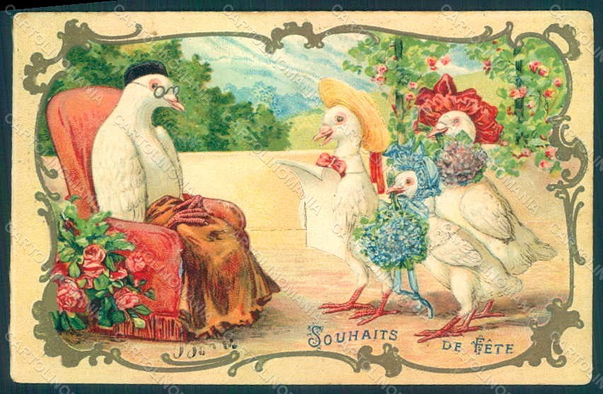 Greetings Anthropomorphic Dressed Dove Relief postcard HR0417 – fronte