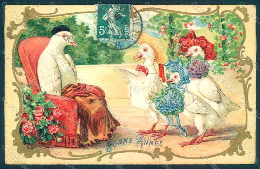 Greetings Anthropomorphic Dressed Dove Relief postcard HR0418 – fronte