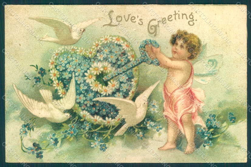 Greetings Fairy Child Dove Heart Myosotis Flowers Relief postcard HR0425 – fronte