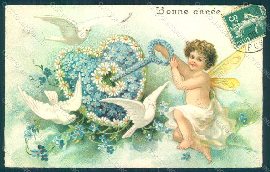 Greetings New Year Fairy Child Dove Heart Myosotis Flower Relief postcard HR0426 – fronte