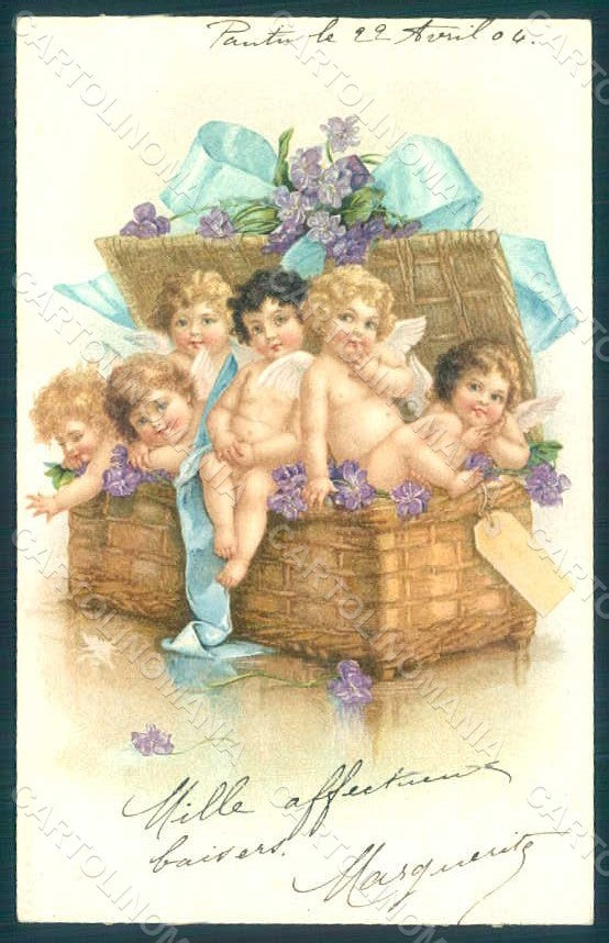 Greetings Angel Violets Flowers serie 203 ABRADED postcard HR0435 – fronte