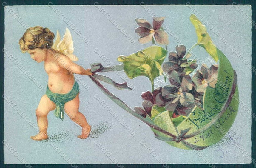 Greetings Easter Angel Egg Violets Flowers Kopal 413 Relief postcard HR0438 – fronte