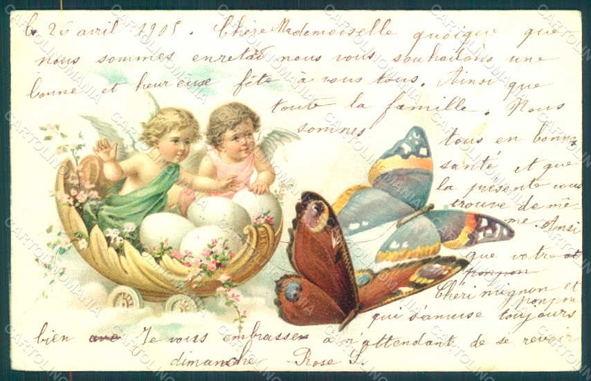 Greetings Easter Angel Putto Egg Butterfly WRINKLES postcard HR0439 – fronte