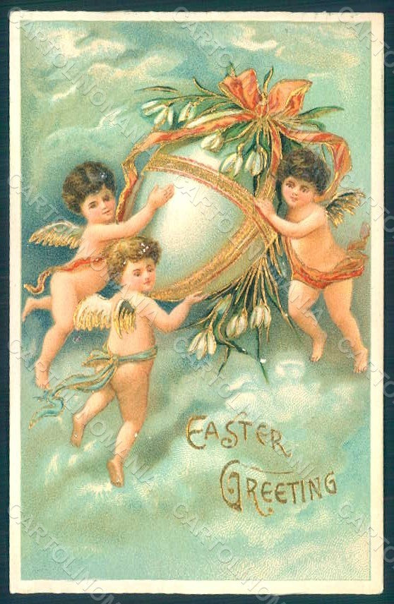 Greetings Easter Angel Putto Egg serie 66 Relief postcard HR0442 – fronte